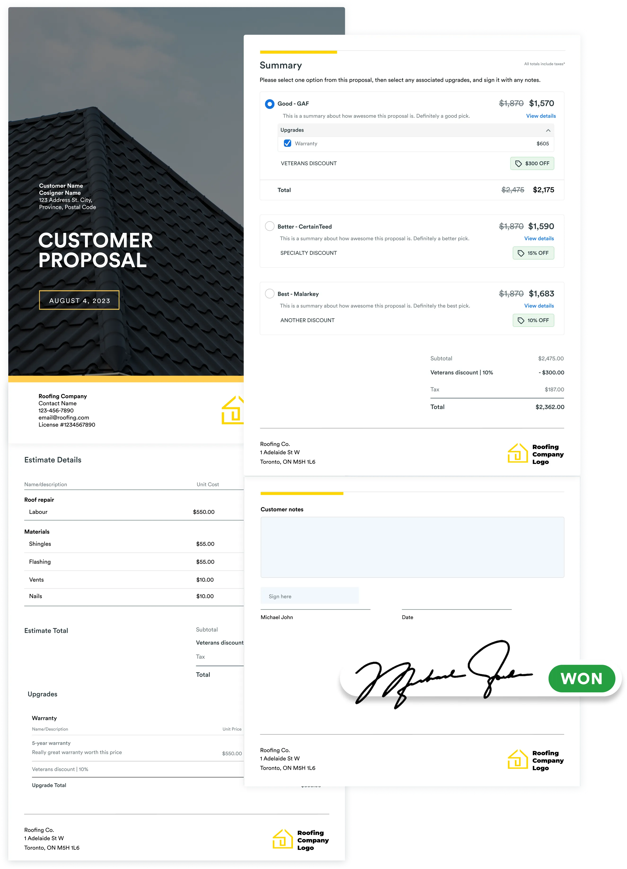 A summary page of a customer proposal, featuring estimate details, pricing options, discounts, customer notes, and a signed approval.